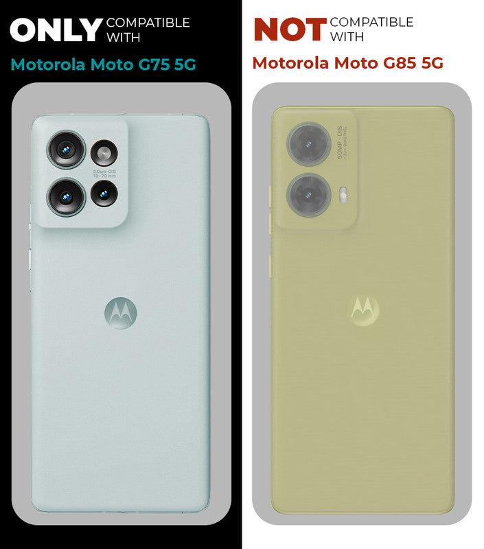 Clear hard back case compatibility guide showing fit for Motorola Moto G75 5G and not compatible with other models