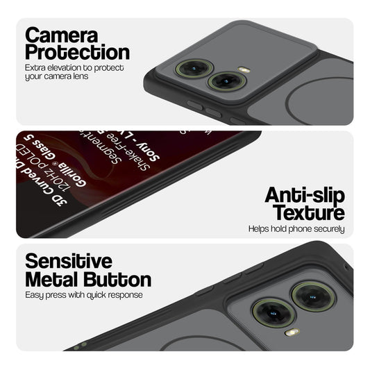 Black Phone case for Motorola Moto G85 5G highlighting raised camera protection, anti-slip texture, and responsive side buttons