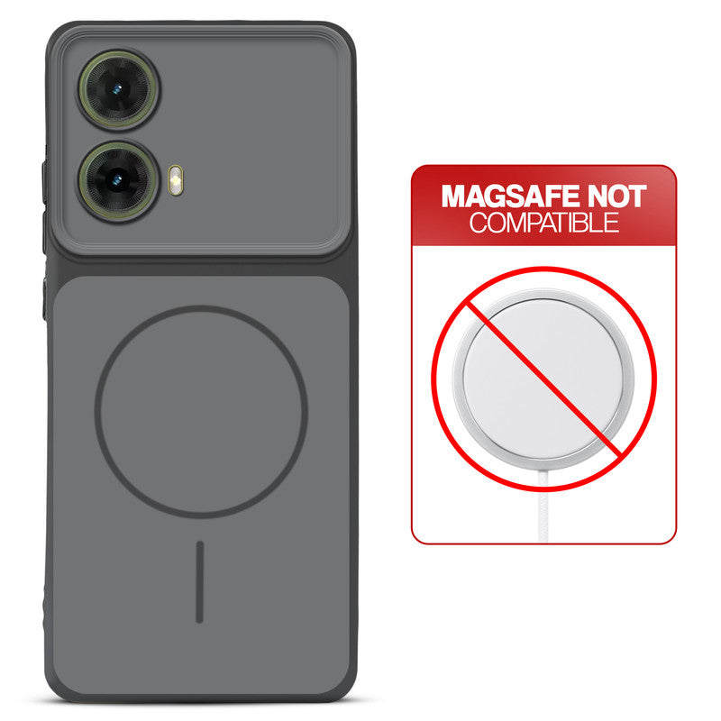 Dual tone silicone Black phone cover for Motorola Moto G85 5G showing wireless charging not supported notice