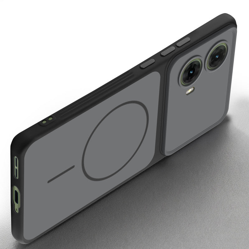 Slim silicone Black phone case for Motorola Moto G85 5G side angle view showing grip texture and precise cutouts