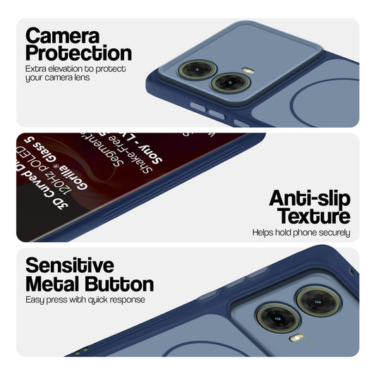 Blue Phone case for Motorola Moto G85 5G highlighting raised camera protection, anti-slip texture, and responsive side buttons
