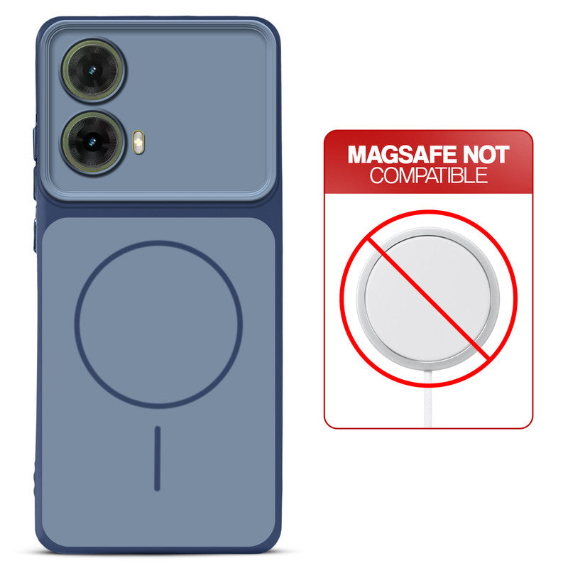 Dual tone silicone Blue phone cover for Motorola Moto G85 5G showing wireless charging not supported notice