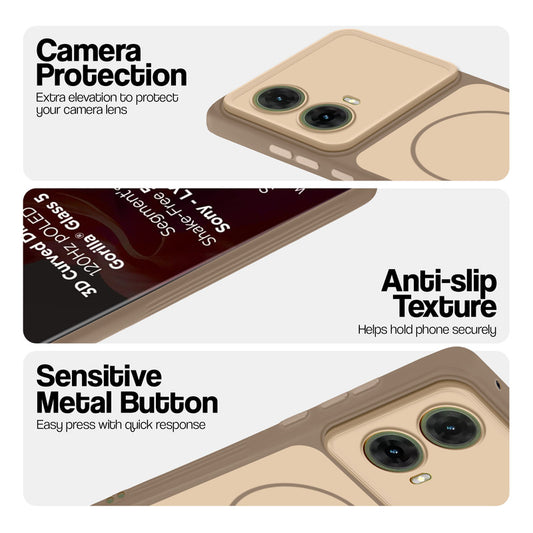 Brown Phone case for Motorola Moto G85 5G highlighting raised camera protection, anti-slip texture, and responsive side buttons