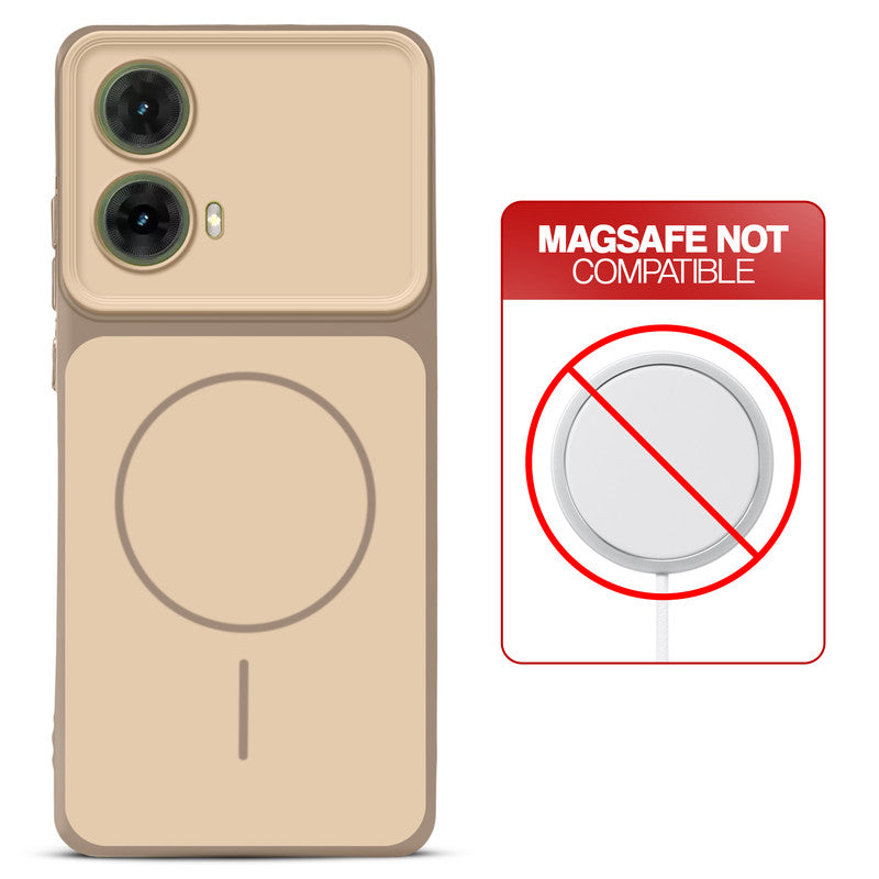 Dual tone silicone Brown phone cover for Motorola Moto G85 5G showing wireless charging not supported notice