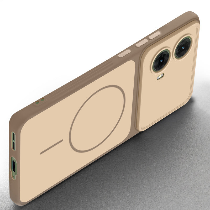 Slim silicone Brown phone case for Motorola Moto G85 5G side angle view showing grip texture and precise cutouts