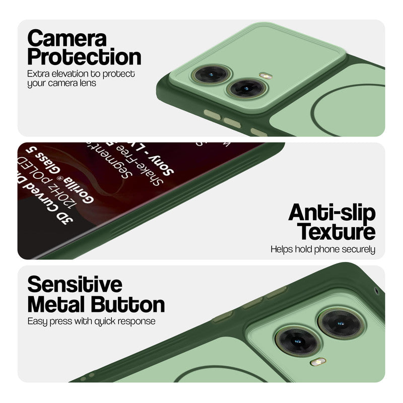 Green Phone case for Motorola Moto G85 5G highlighting raised camera protection, anti-slip texture, and responsive side buttons