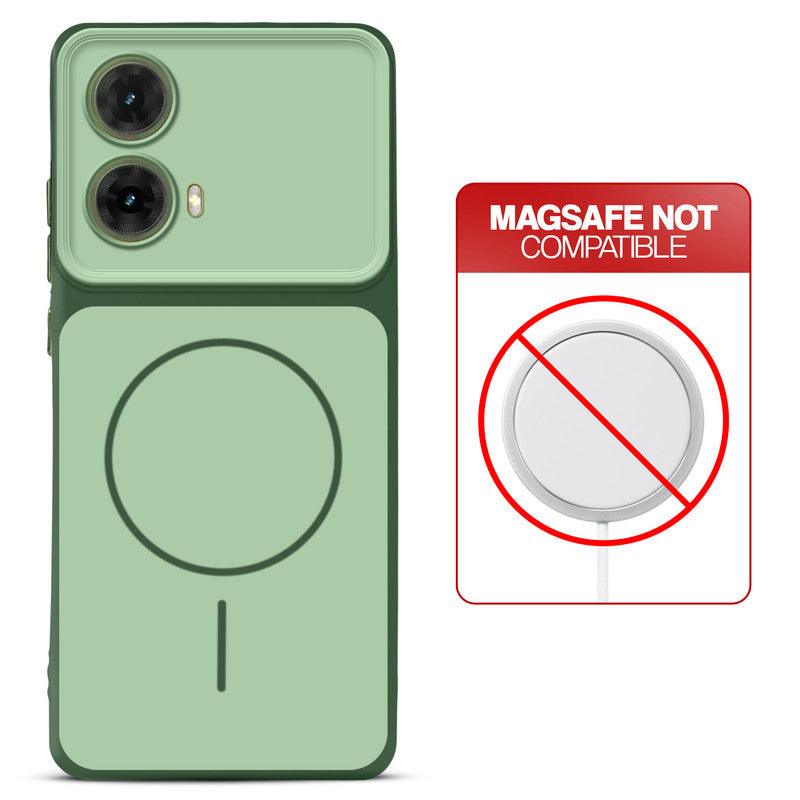 Dual tone silicone Green phone cover for Motorola Moto G85 5G showing wireless charging not supported notice