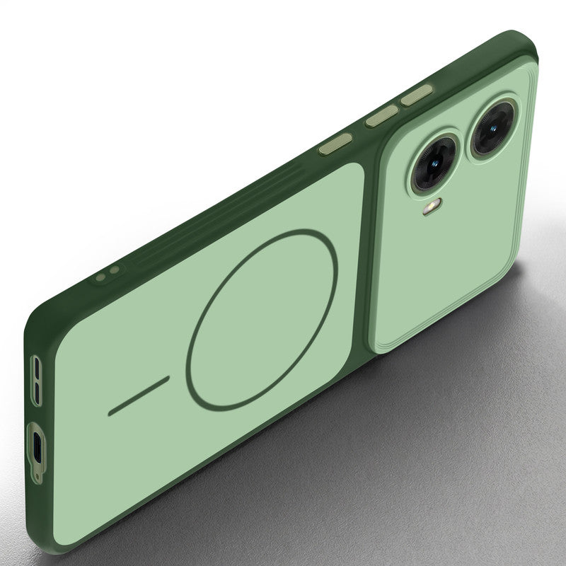 Slim silicone Green phone case for Motorola Moto G85 5G side angle view showing grip texture and precise cutouts