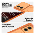 Orange Phone case for Motorola Moto G85 5G highlighting raised camera protection, anti-slip texture, and responsive side buttons