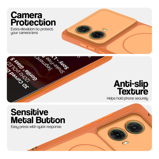 Orange Phone case for Motorola Moto G85 5G highlighting raised camera protection, anti-slip texture, and responsive side buttons