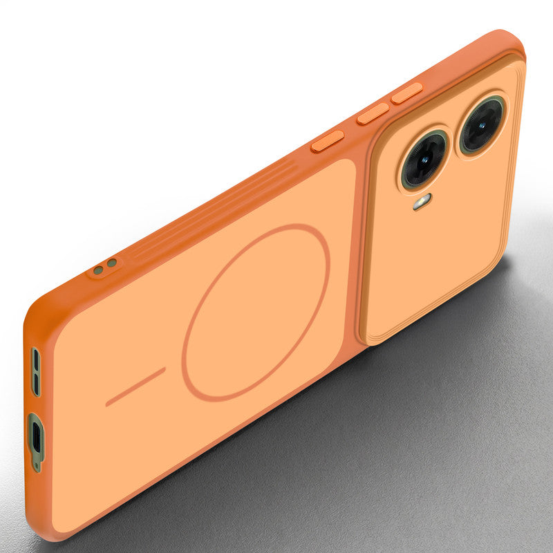 Slim silicone Orange phone case for Motorola Moto G85 5G side angle view showing grip texture and precise cutouts