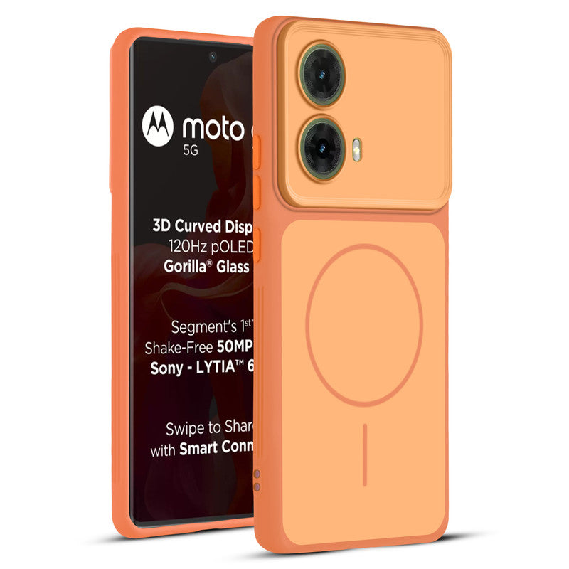 Full protective dual tone Orange silicone case for Motorola Moto G85 5G showing front and back design coverage