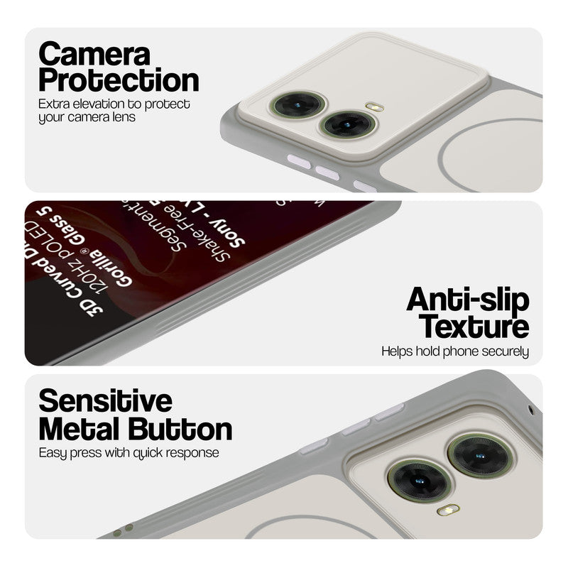 White Phone case for Motorola Moto G85 5G highlighting raised camera protection, anti-slip texture, and responsive side buttons