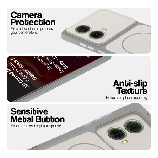 White Phone case for Motorola Moto G85 5G highlighting raised camera protection, anti-slip texture, and responsive side buttons
