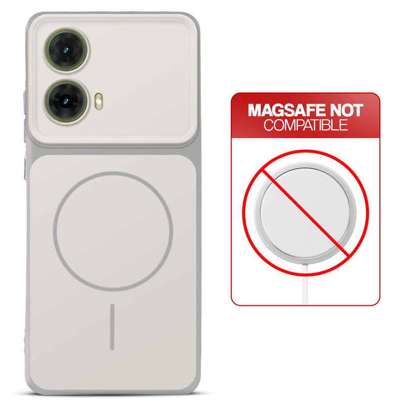 Dual tone silicone White phone cover for Motorola Moto G85 5G showing wireless charging not supported notice