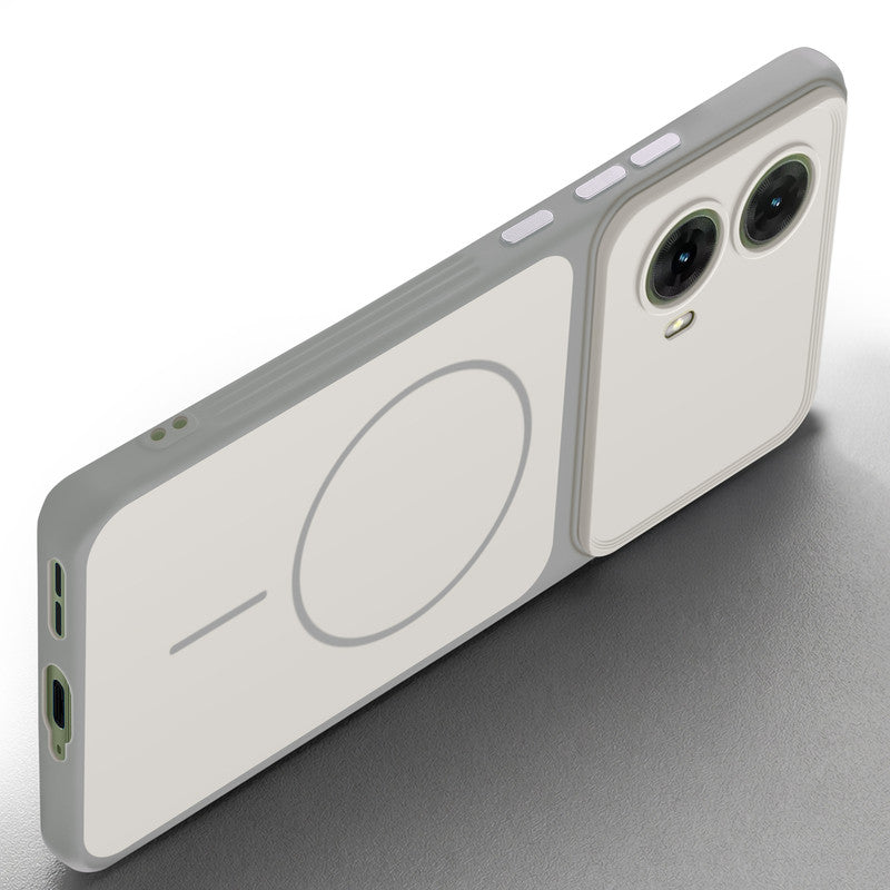 Slim silicone White phone case for Motorola Moto G85 5G side angle view showing grip texture and precise cutouts