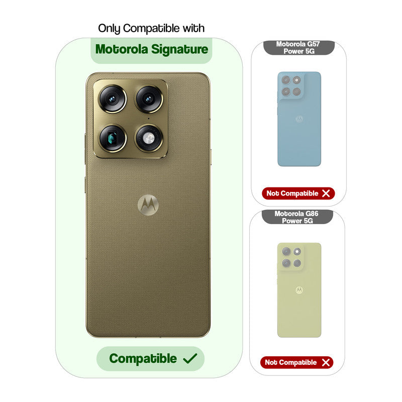 Clear hard back case compatibility guide showing fit for Motorola Signature and not compatible with other models