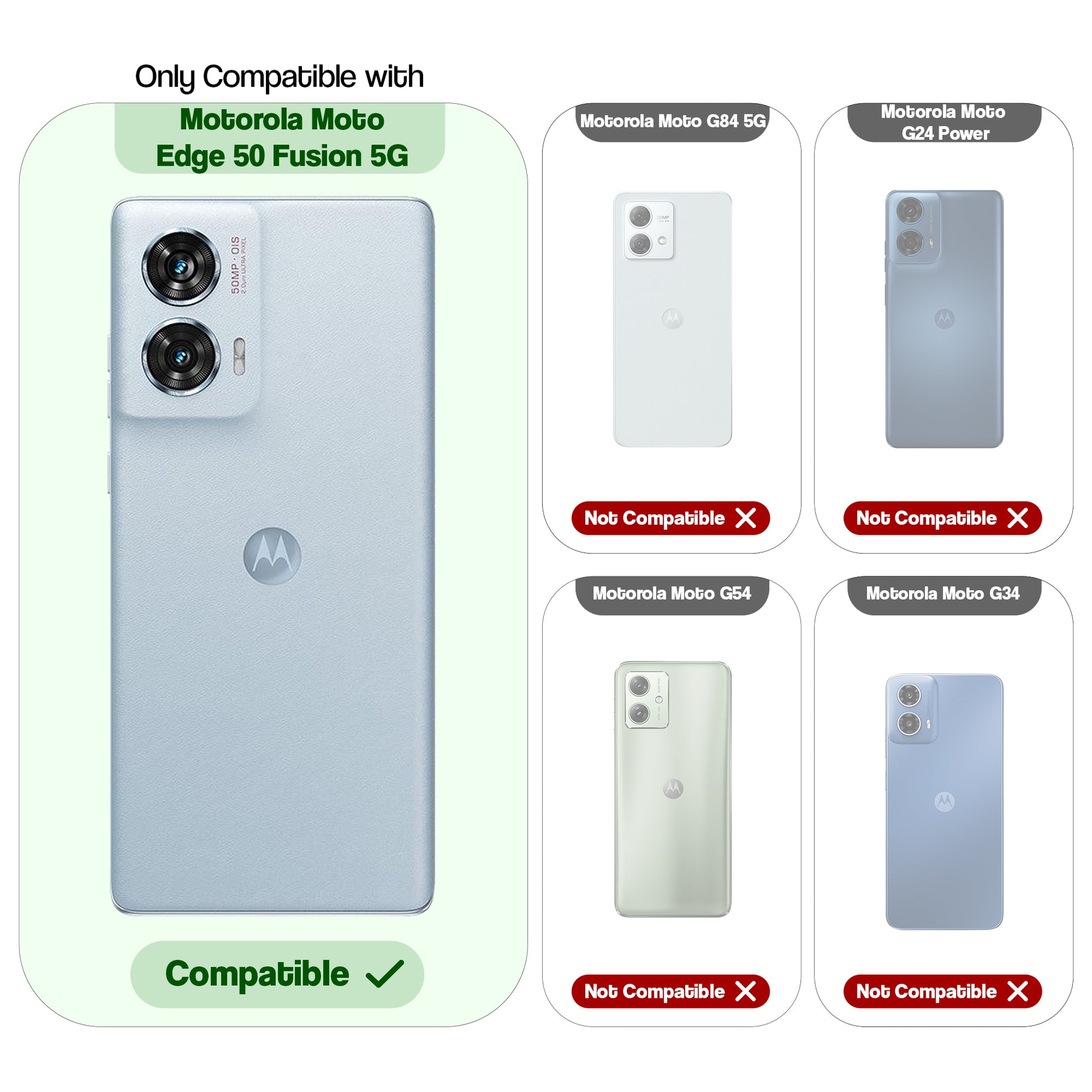 Compatibility guide showing the back cover designed only for Motorola Moto Edge 50 Fusion 5G.