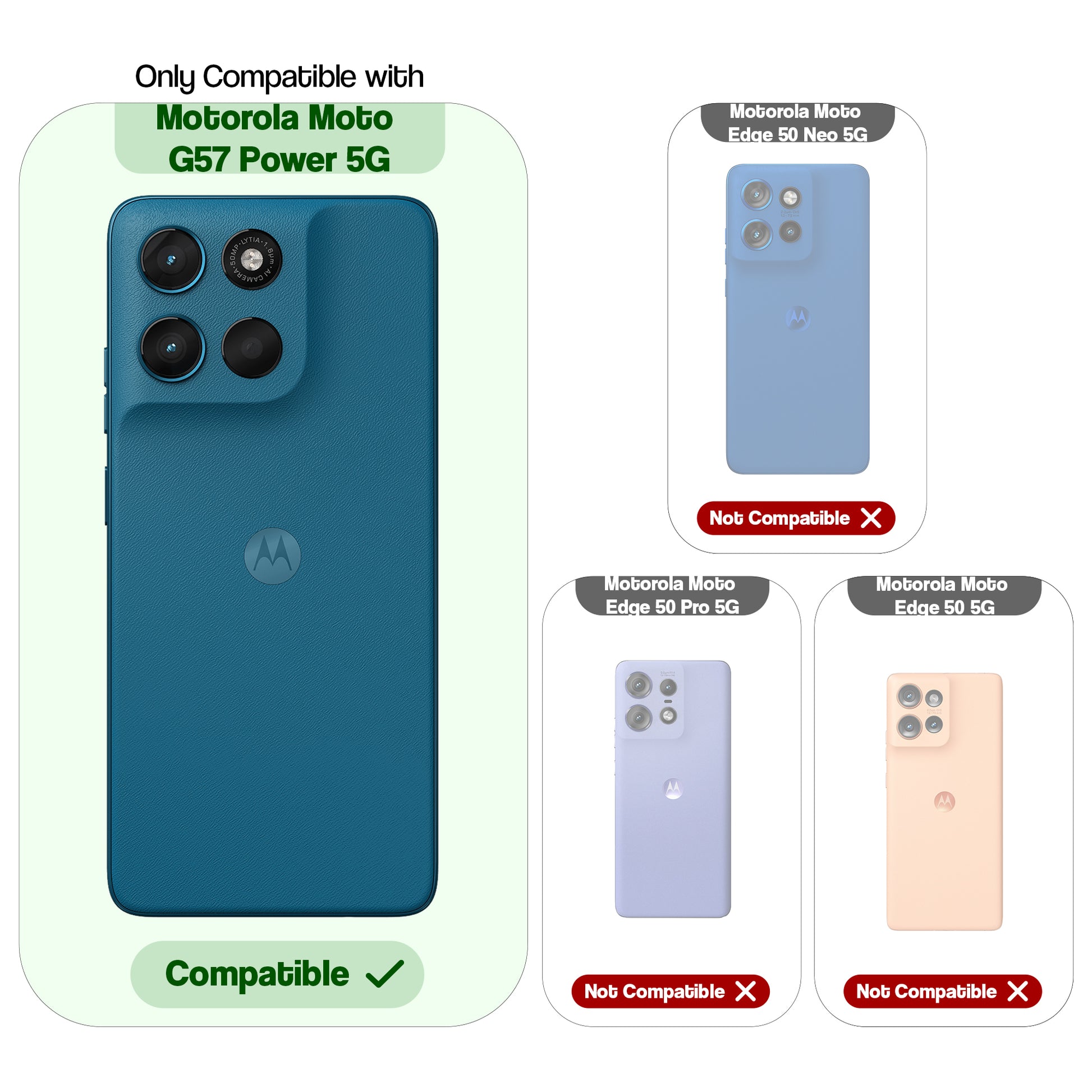 Compatibility guide showing the back cover designed only for Motorola G57 Power 5G.