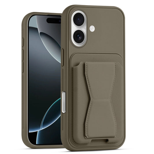 All in One Premium Leather Back Cover for Apple iPhone 16 with Card Slot & Foldable Grip Holder