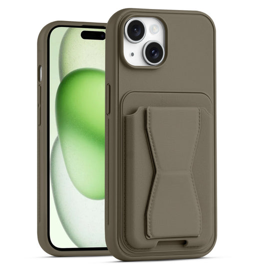All in One Premium Leather Back Cover for Apple iPhone 15 Plus with Card Slot & Foldable Grip Holder