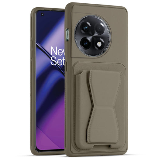 All in One Premium Leather Back Cover for OnePlus 11R 5G with Card Slot & Foldable Grip Holder