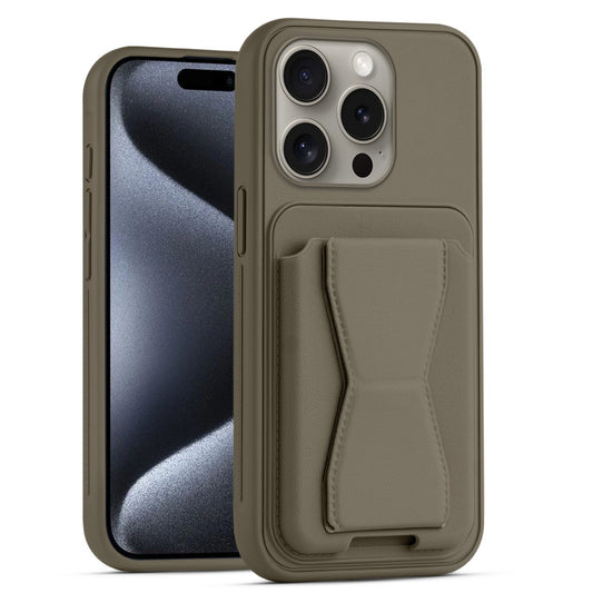 All in One Premium Leather Back Cover for Apple iPhone 15 Pro with Card Slot & Foldable Grip Holder