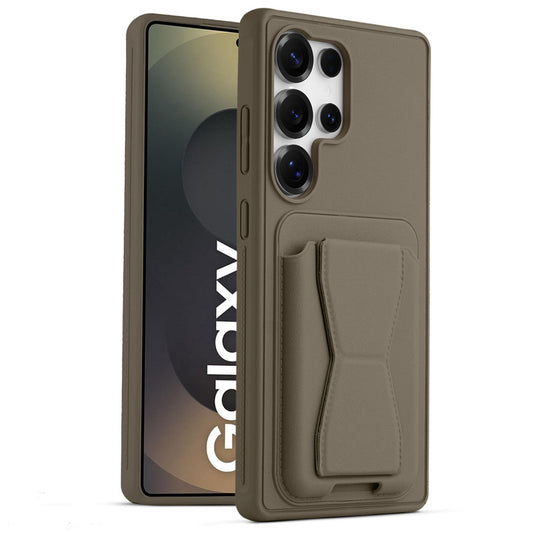 All in One Premium Leather Back Cover for Samsung S25 Ultra 5G with Card Slot & Foldable Grip Holder