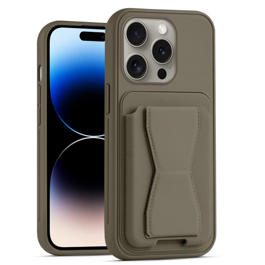 All in One Premium Leather Back Cover for Apple iPhone 14 Pro with Card Slot & Foldable Grip Holder