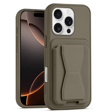 All in One Premium Leather Back Cover for Apple iPhone 16 Pro with Card Slot & Foldable Grip Holder