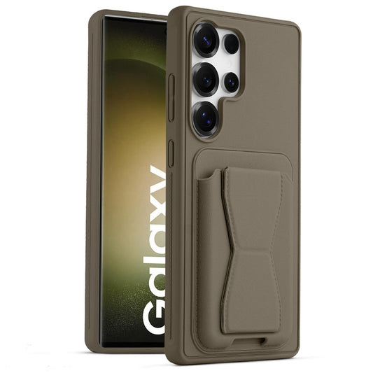 All in One Premium Leather Back Cover for Samsung S23 Ultra 5G with Card Slot & Foldable Grip Holder