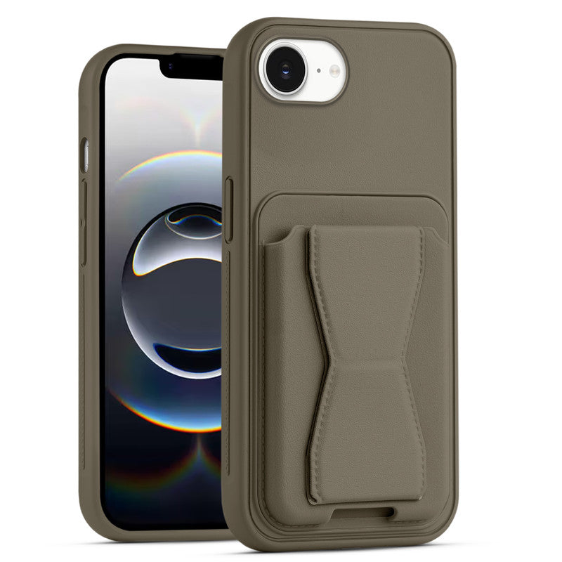 All in One Premium Leather Back Cover for Apple iPhone 16e with Card Slot & Foldable Grip Holder