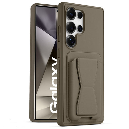 All in One Premium Leather Back Cover for Samsung S24 Ultra 5G with Card Slot & Foldable Grip Holder