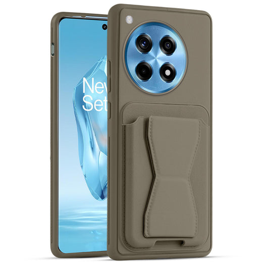 All in One Premium Leather Back Cover for OnePlus 12R 5G with Card Slot & Foldable Grip Holder