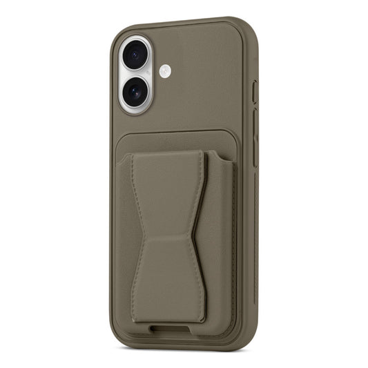 All in One Premium Leather Back Cover for Apple iPhone 16 with Card Slot & Foldable Grip Holder