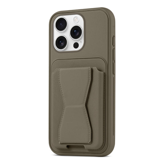 All in One Premium Leather Back Cover for Apple iPhone 16 Pro with Card Slot & Foldable Grip Holder