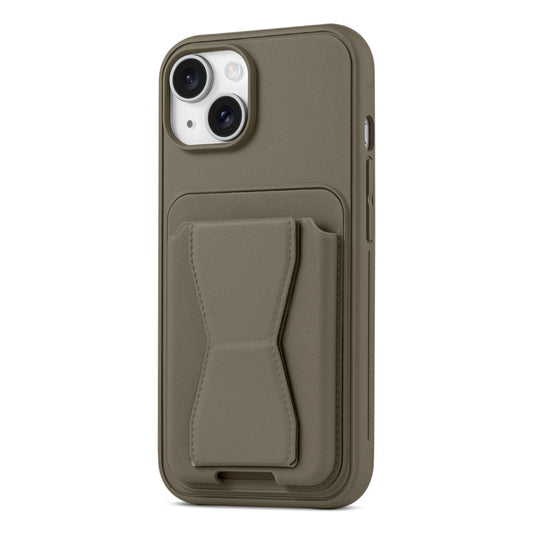 All in One Premium Leather Back Cover for Apple iPhone 15 with Card Slot & Foldable Grip Holder