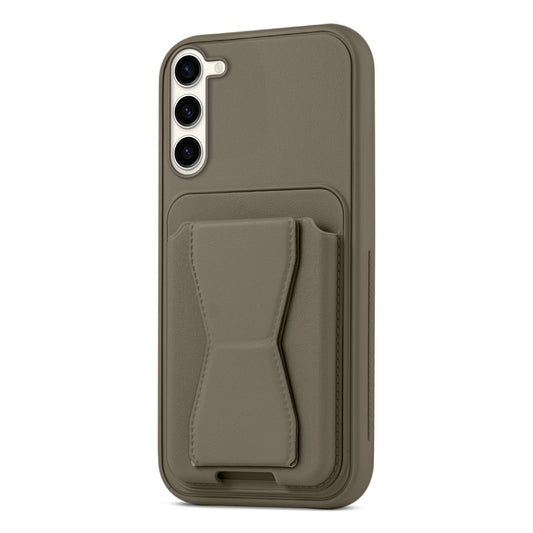 All in One Premium Leather Back Cover for Samsung S23 5G with Card Slot & Foldable Grip Holder