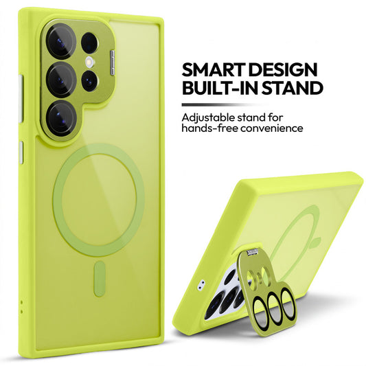 Samsung S25 Ultra 5G Case with MagSafe Compatibility, Flip-Open Camera Cover Stand, Glossy Glass Back & Metallic Buttons