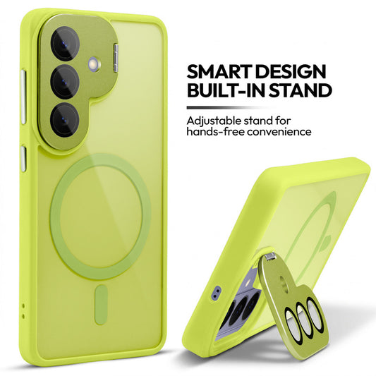 Samsung S26 5G Case with MagSafe Compatibility, Flip-Open Camera Cover Stand, Glossy Glass Back & Metallic Buttons