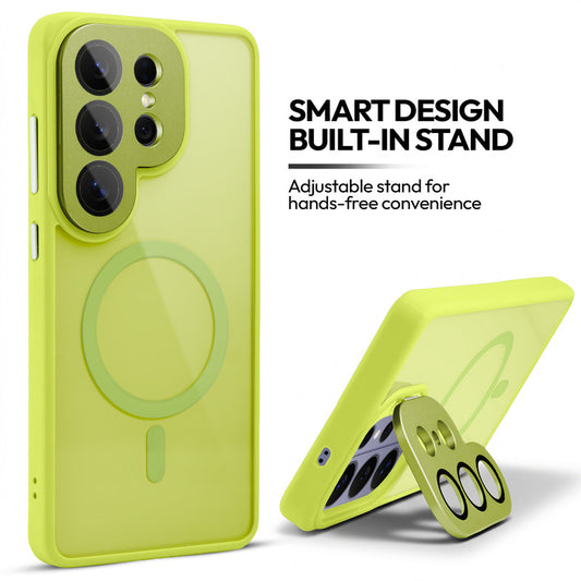 Samsung S26 Ultra 5G Case with MagSafe Compatibility, Flip-Open Camera Cover Stand, Glossy Glass Back & Metallic Buttons