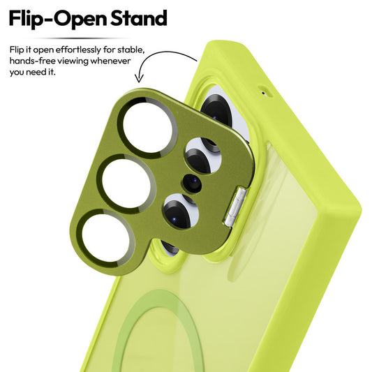 Samsung S25 Ultra 5G Case with MagSafe Compatibility, Flip-Open Camera Cover Stand, Glossy Glass Back & Metallic Buttons