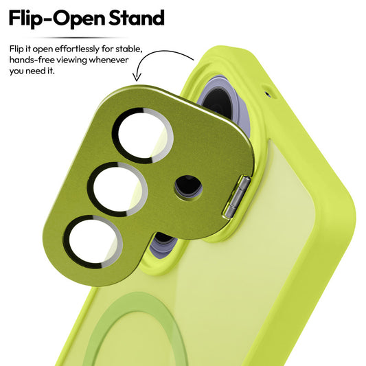 Samsung S26 5G Case with MagSafe Compatibility, Flip-Open Camera Cover Stand, Glossy Glass Back & Metallic Buttons