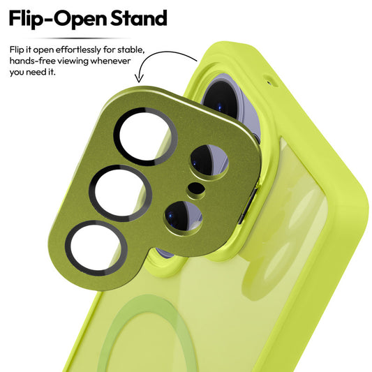 Samsung S26 Ultra 5G Case with MagSafe Compatibility, Flip-Open Camera Cover Stand, Glossy Glass Back & Metallic Buttons