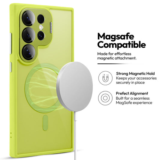 Samsung S25 Ultra 5G Case with MagSafe Compatibility, Flip-Open Camera Cover Stand, Glossy Glass Back & Metallic Buttons
