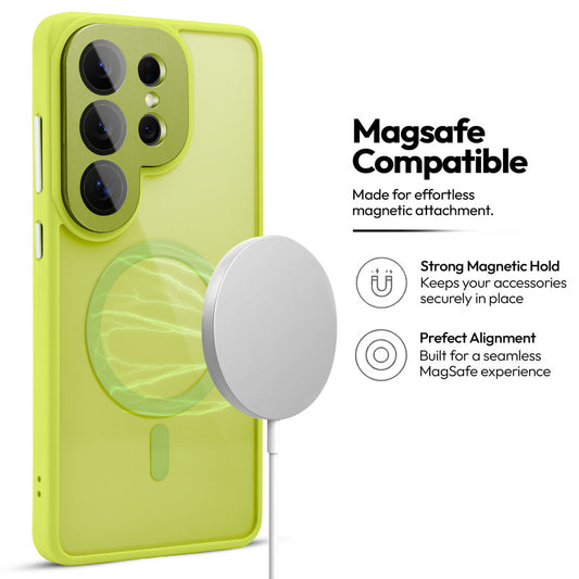 Samsung S26 Ultra 5G Case with MagSafe Compatibility, Flip-Open Camera Cover Stand, Glossy Glass Back & Metallic Buttons