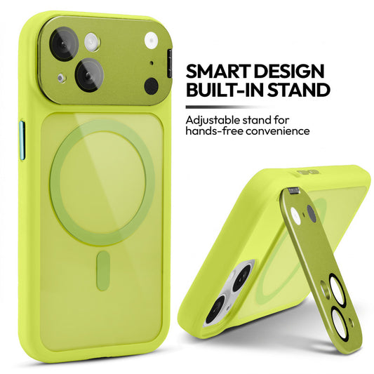 Apple iPhone 15 Case with MagSafe Compatibility, Flip-Open Camera Cover Stand, Glossy Glass Back & Metallic Buttons