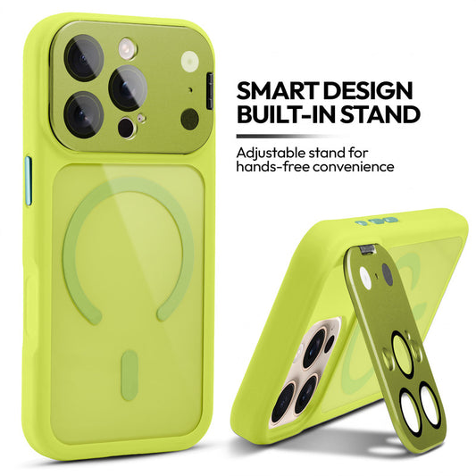 Apple iphone 16 Pro Max Case with MagSafe Compatibility, Flip-Open Camera Cover Stand, Glossy Glass Back & Metallic Buttons