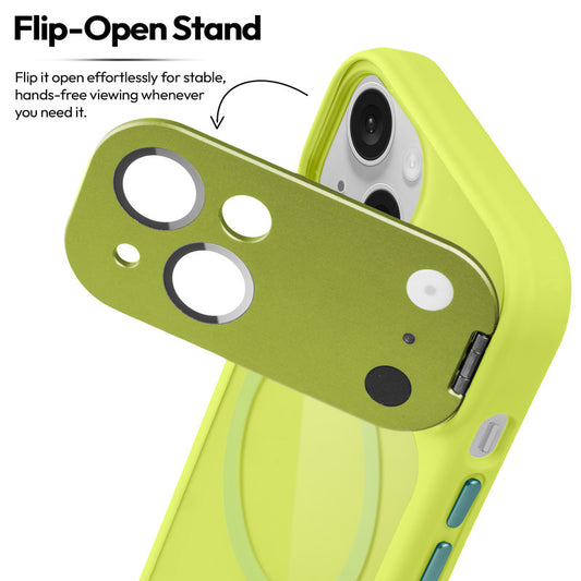 Apple iPhone 15 Case with MagSafe Compatibility, Flip-Open Camera Cover Stand, Glossy Glass Back & Metallic Buttons