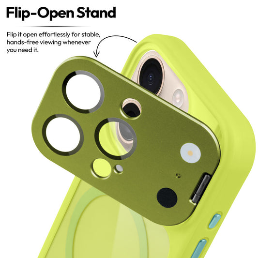 Apple iPhone 16 Pro Case with MagSafe Compatibility, Flip-Open Camera Cover Stand, Glossy Glass Back & Metallic Buttons